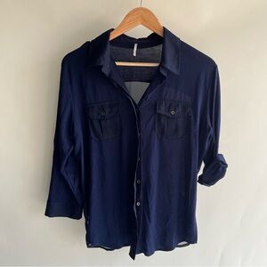 Nine 1 Eight Navy Blue Blouse Sz Lg Roll Tab Sleeves 3/4 Sleeve EUC